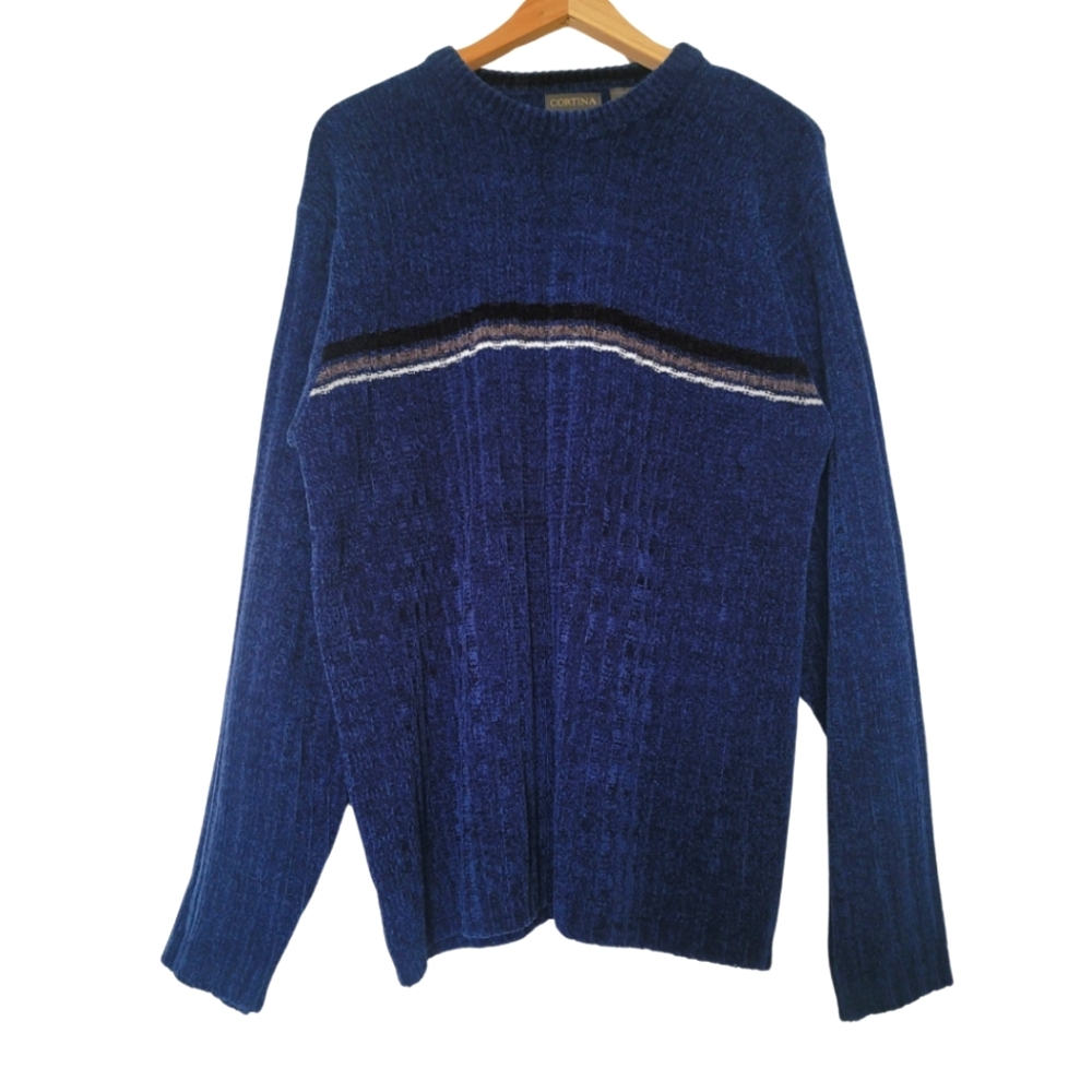 Cortina Crew Neck Striped Knit Sweater Large in Blue